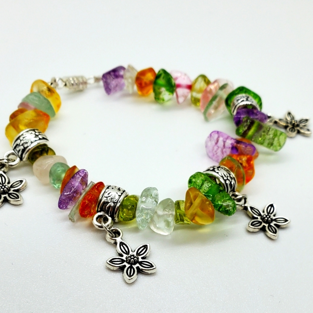 Womens 7 Chakra Mixed Chip with Flower Charms Elastic with Silver Clasp - Picture 1 of 2